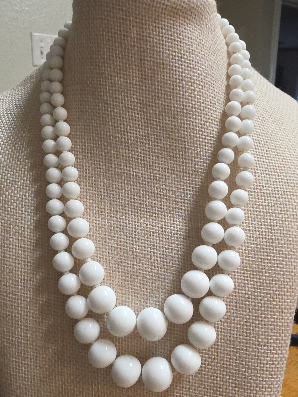 Vintage White Milk Glass Japan Two Strand Choker Necklace